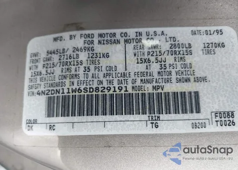 1995 Nissan Quest Xe/Gxe из США, поврежденный, VIN 4N2DN11W6SD829191